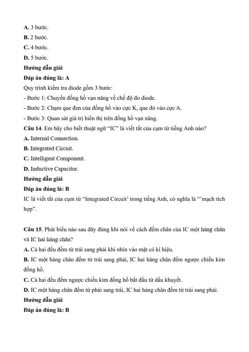 Đề thi Giữa kì 2 Công nghệ 12 Kết nối tri thức Điện Điện tử (có đáp án)