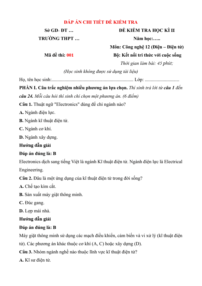 Đề thi Học kì 2 Công nghệ 12 Kết nối tri thức Điện Điện tử (có đáp án)