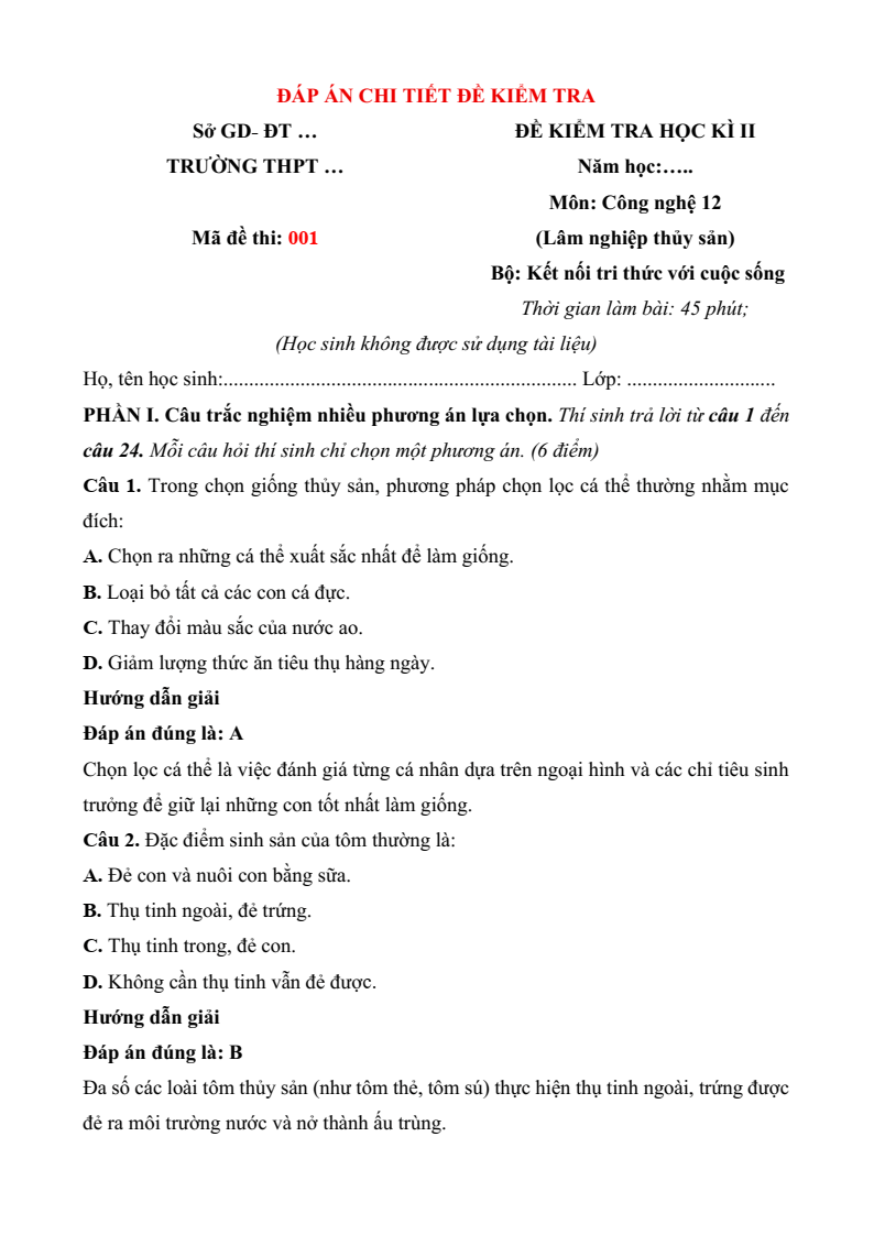 Đề thi Học kì 2 Công nghệ 12 Kết nối tri thức Lâm nghiệp Thủy sản (có đáp án)