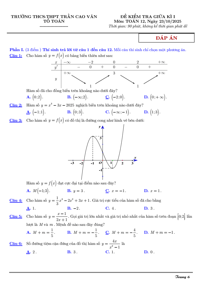 Đề thi Giữa kì 1 Toán 12 THCS-THPT Trần Cao Vân năm 2025-2026
