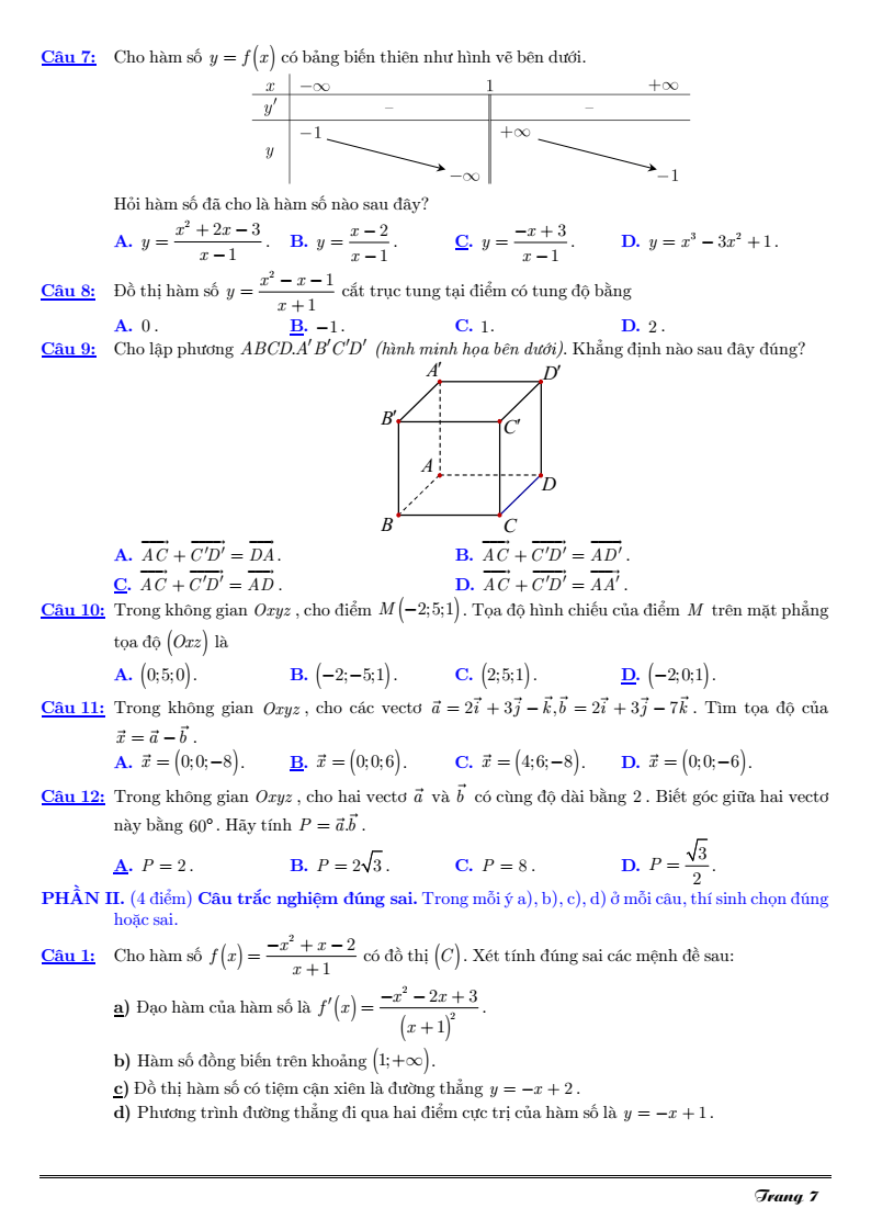 Đề thi Giữa kì 1 Toán 12 THCS-THPT Trần Cao Vân năm 2025-2026