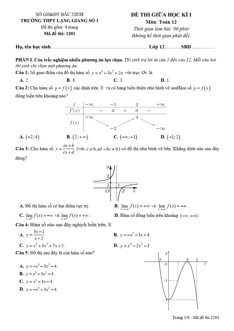 Đề thi Giữa kì 1 Toán 12 THPT Lạng Giang số 1 năm 2025-2026