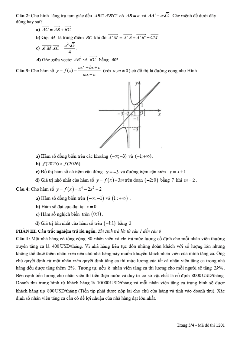 Đề thi Giữa kì 1 Toán 12 THPT Lạng Giang số 1 năm 2025-2026