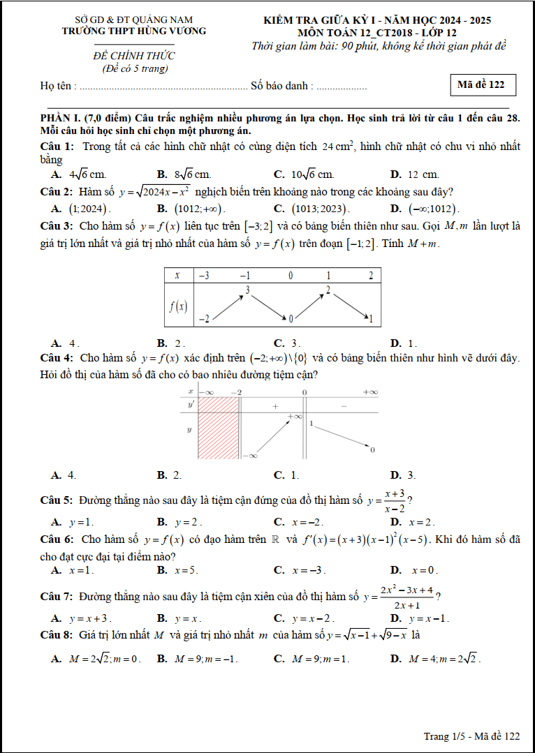 Đề thi Giữa kì 1 Toán 12 năm 2024-2025 trường THPT Hùng Vương (Quảng Nam)