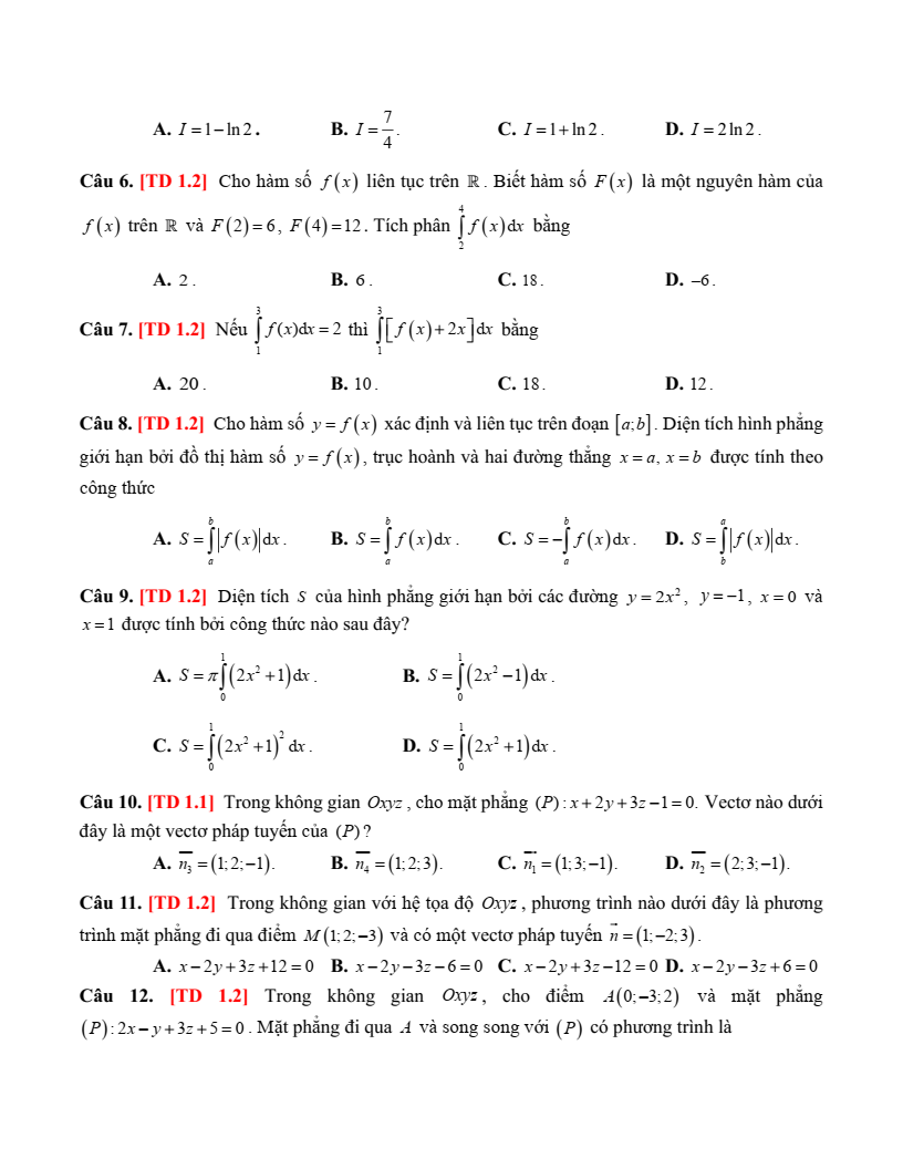 Đề thi Giữa kì 2 Toán 12 sở GD&ĐT Thanh Hóa năm 2024-2025