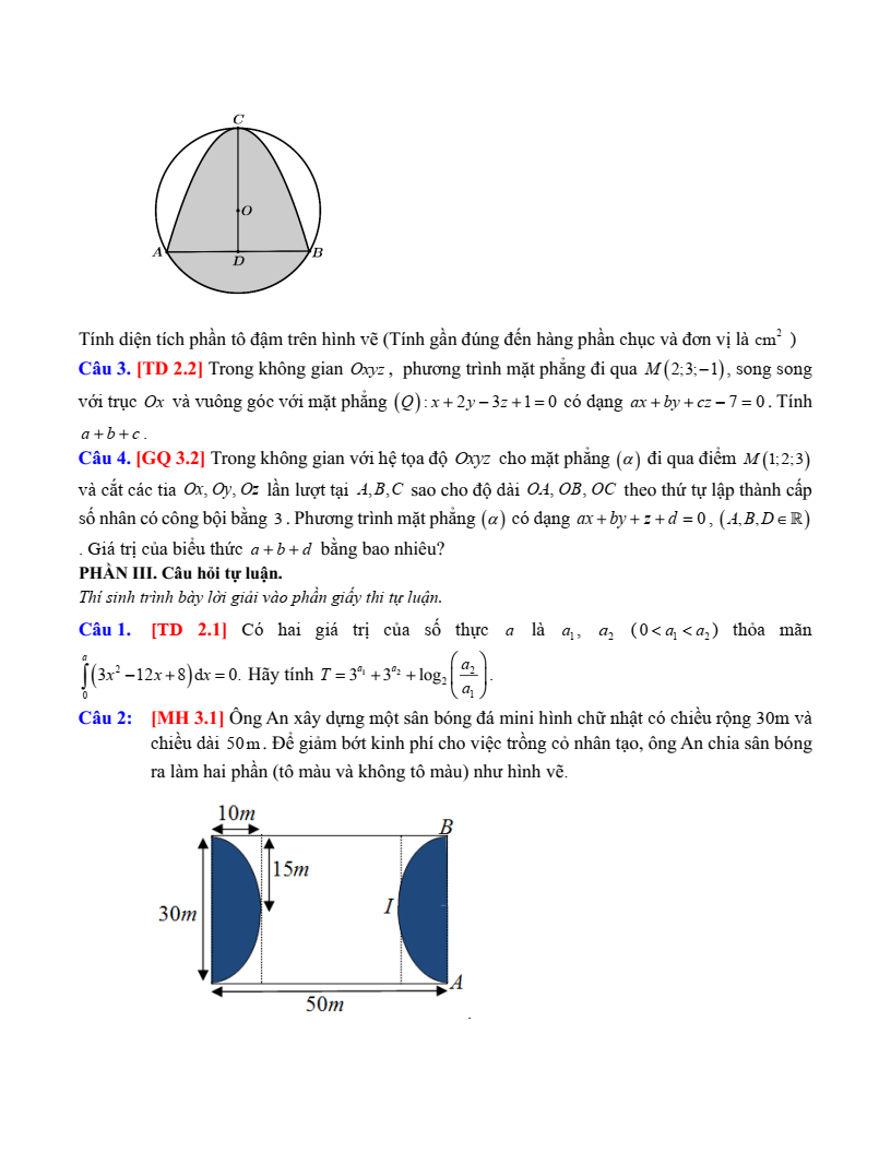 Đề thi Giữa kì 2 Toán 12 sở GD&ĐT Thanh Hóa năm 2024-2025