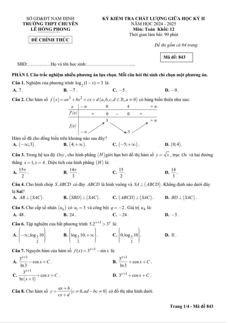 Đề thi Giữa kì 2 Toán 12 trường chuyên Lê Hồng Phong (Nam Định) năm 2024-2025