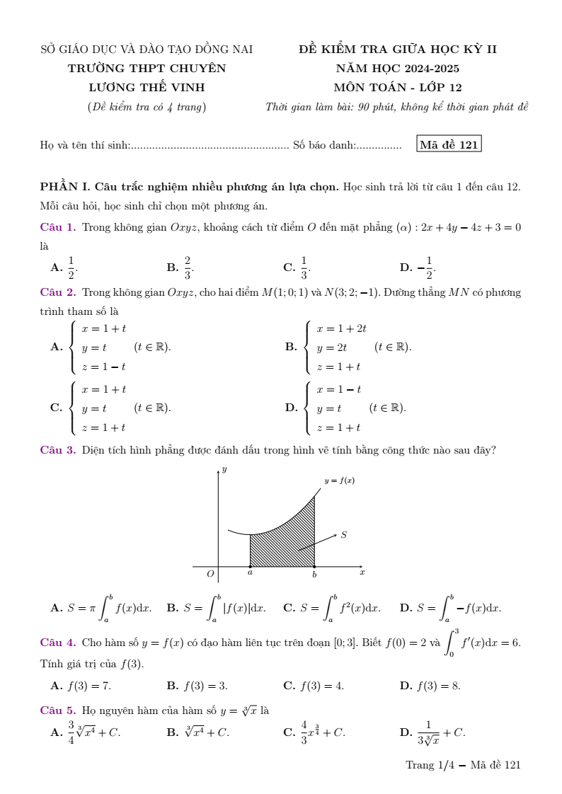 Đề thi Giữa kì 2 Toán 12 trường chuyên Lương Thế Vinh (Đồng Nai) năm 2024-2025