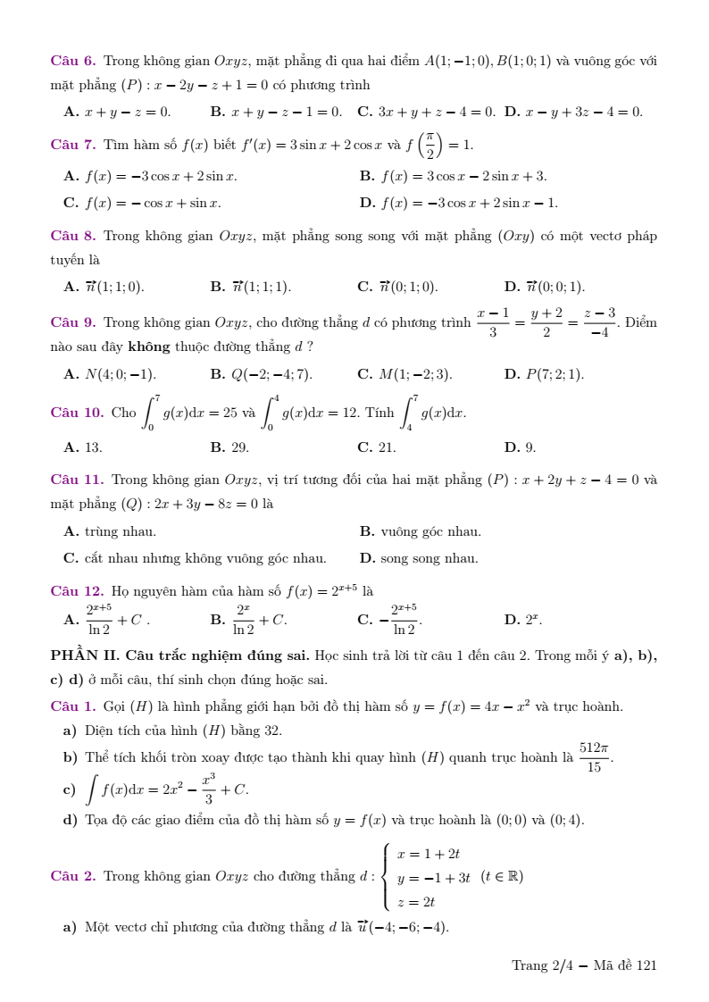 Đề thi Giữa kì 2 Toán 12 trường chuyên Lương Thế Vinh (Đồng Nai) năm 2024-2025