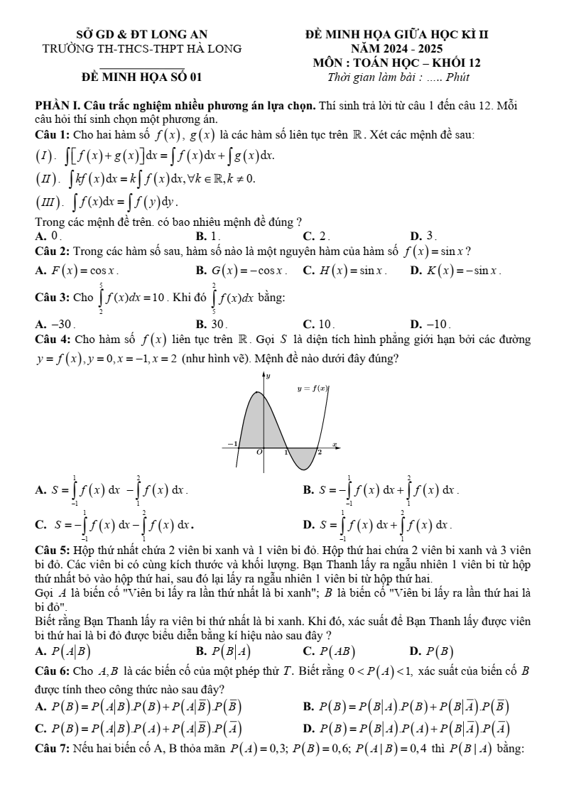 Đề thi Giữa kì 2 Toán 12 trường Hà Long (Long An) năm 2024-2025