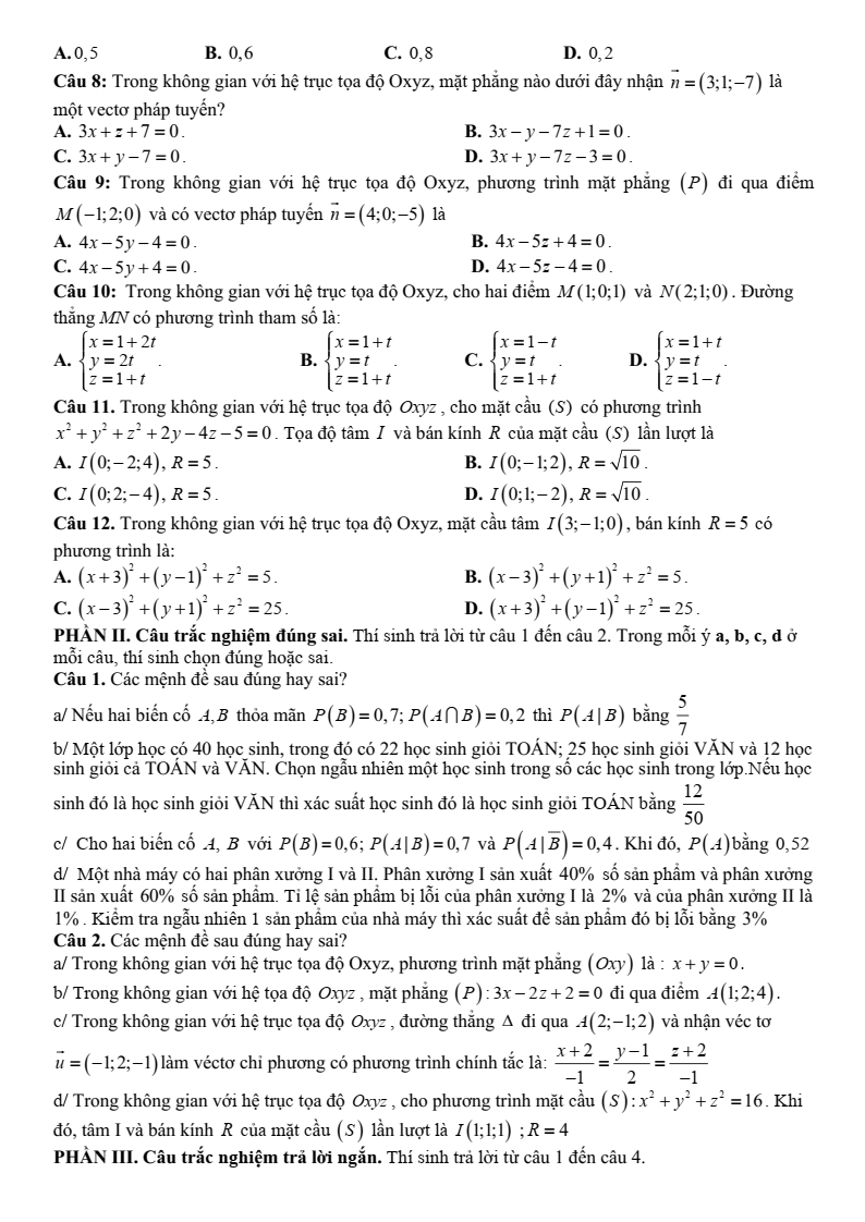 Đề thi Giữa kì 2 Toán 12 trường Hà Long (Long An) năm 2024-2025