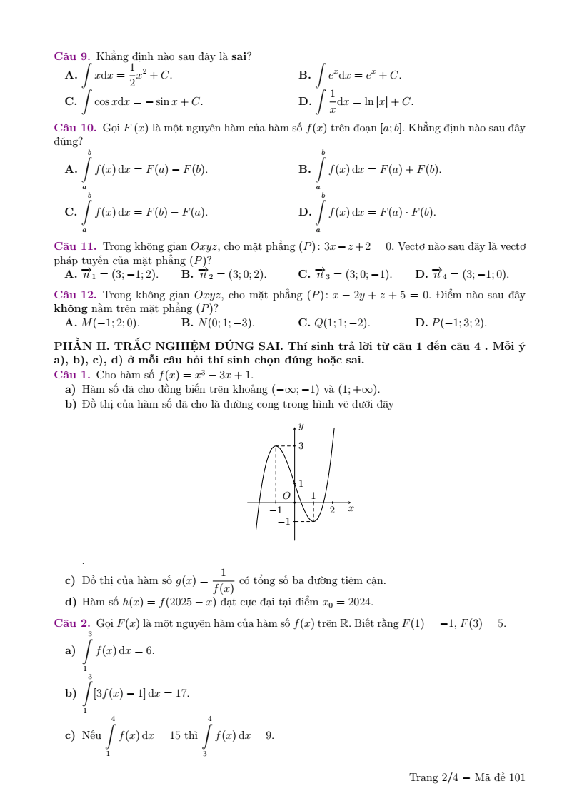 Đề thi Giữa kì 2 Toán 12 trường Nguyễn Bỉnh Khiêm (Hà Nội) năm 2024-2025