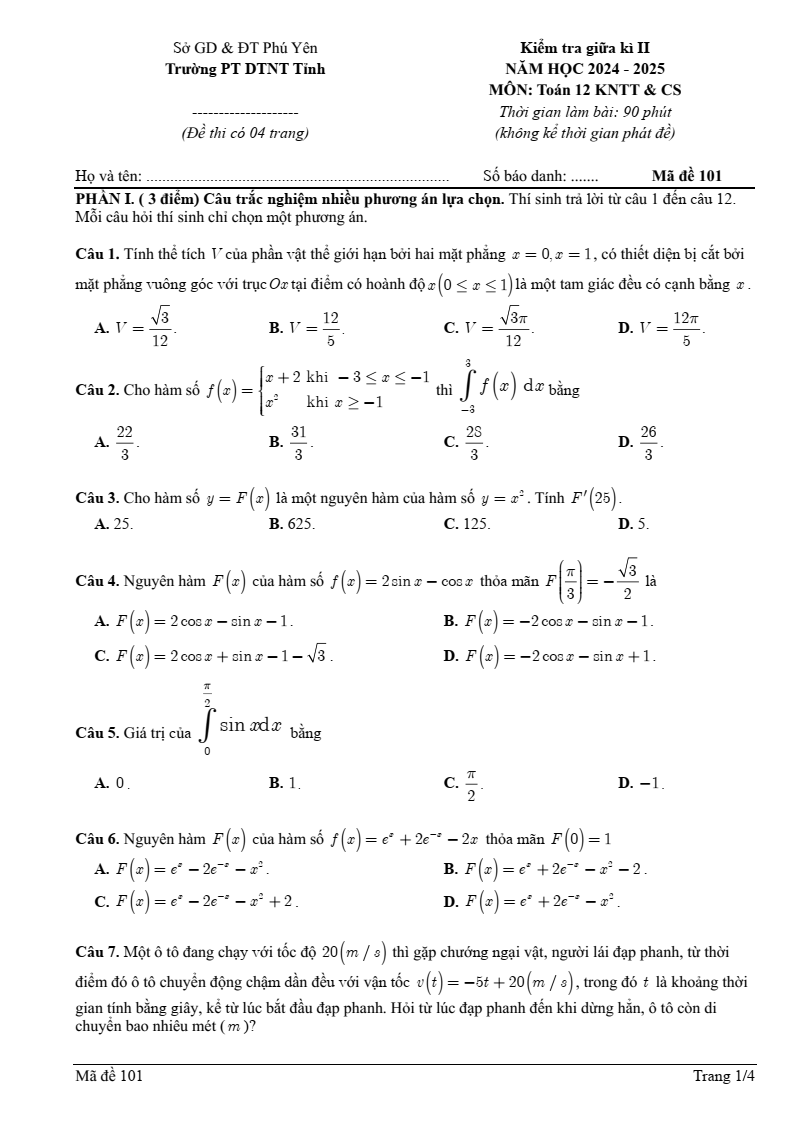Đề thi Giữa kì 2 Toán 12 trường PT DTNT tỉnh Phú Yên năm 2024-2025