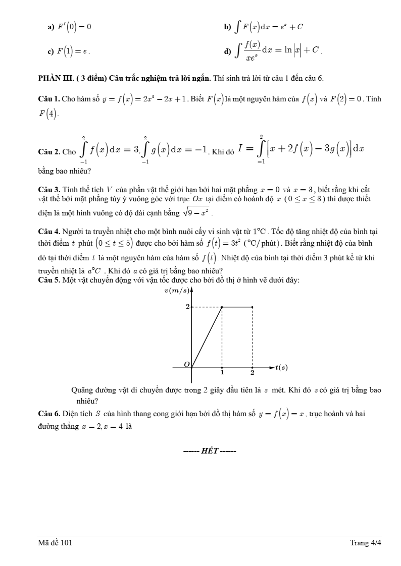 Đề thi Giữa kì 2 Toán 12 trường PT DTNT tỉnh Phú Yên năm 2024-2025
