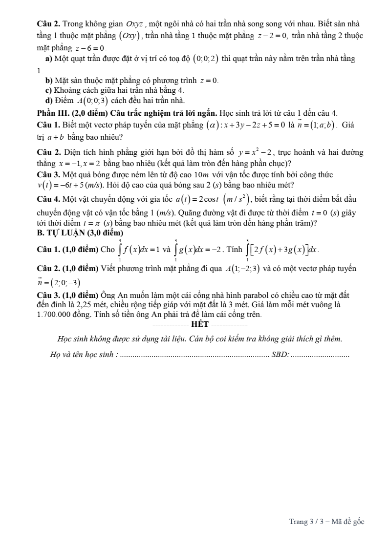 Đề thi Giữa kì 2 Toán 12 trường THPT Âu Cơ (Quảng Nam) năm 2024-2025