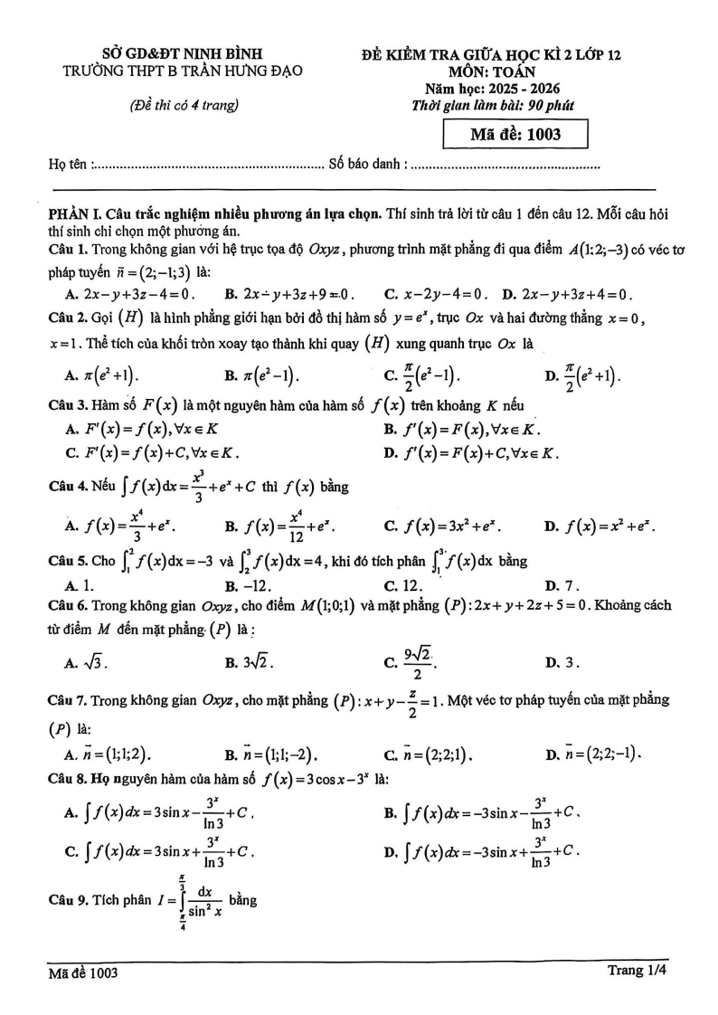 Đề thi Giữa kì 2 Toán 12 trường THPT B Trần Hưng Đạo (Ninh Bình) năm 2025-2026