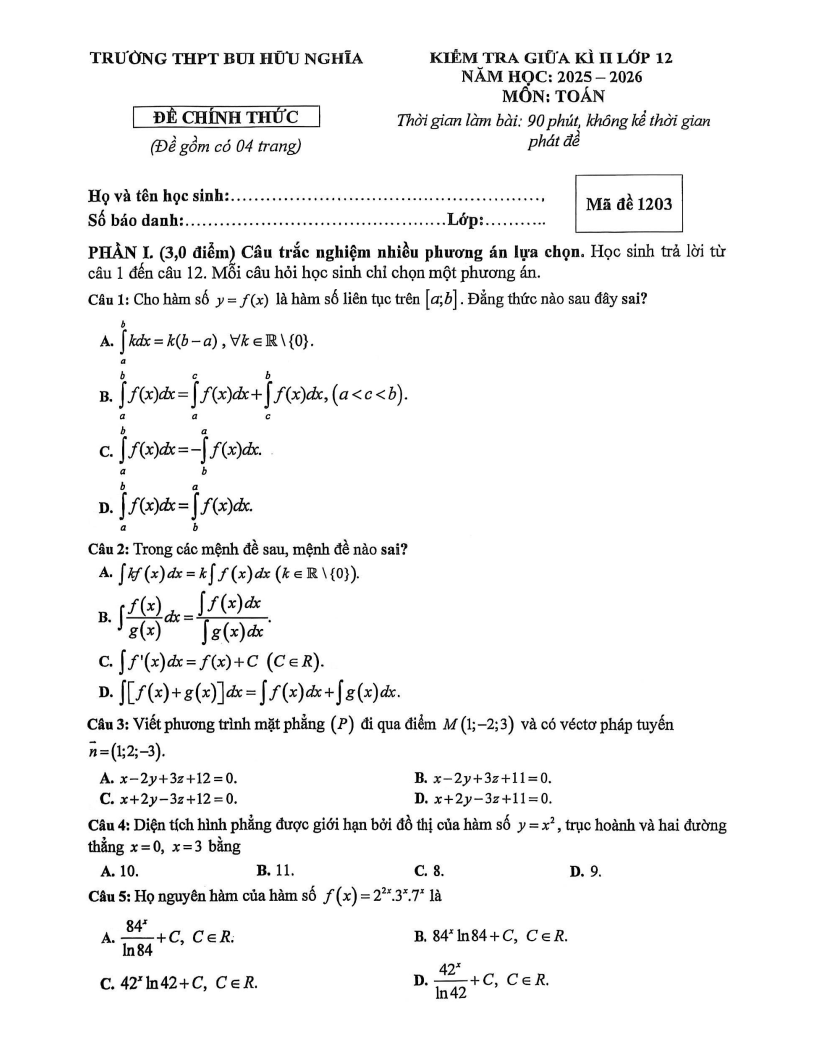 Đề thi Giữa kì 2 Toán 12 trường THPT Bùi Hữu Nghĩa (Cần Thơ) năm 2025-2026