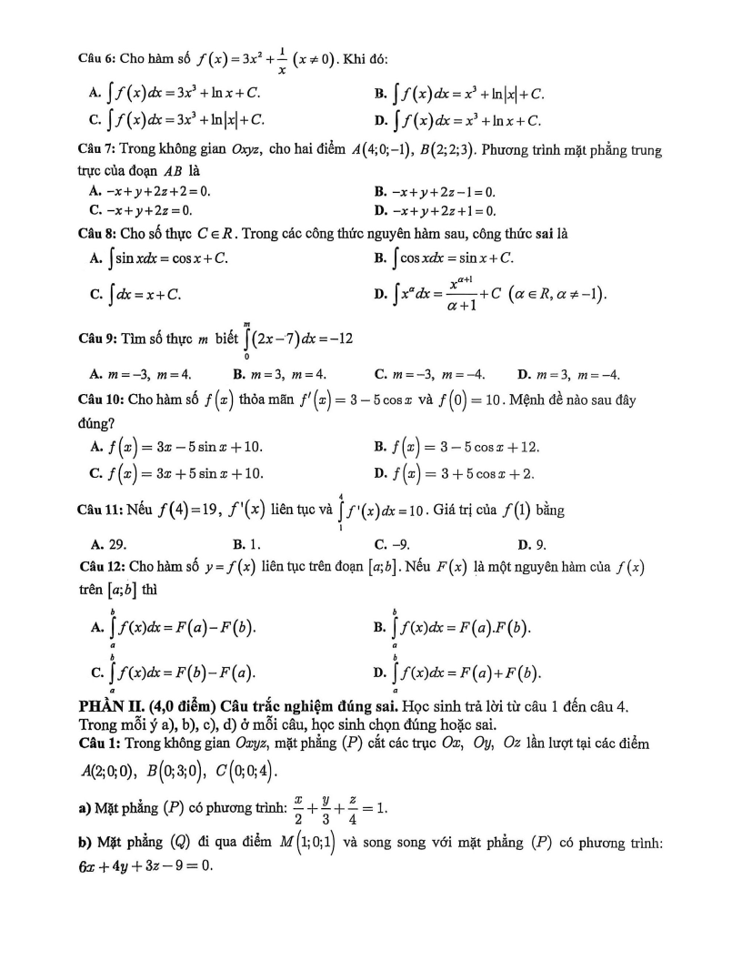 Đề thi Giữa kì 2 Toán 12 trường THPT Bùi Hữu Nghĩa (Cần Thơ) năm 2025-2026