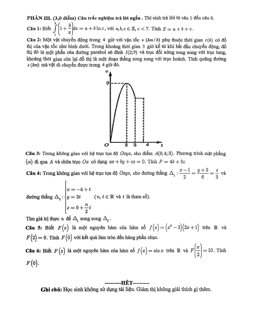 Đề thi Giữa kì 2 Toán 12 trường THPT Bùi Hữu Nghĩa (Cần Thơ) năm 2025-2026