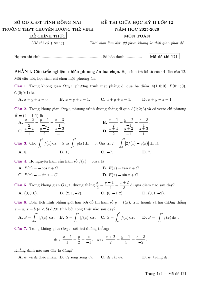 Đề thi Giữa kì 2 Toán 12 trường THPT Chuyên Lương Thế Vinh (Đồng Nai) năm 2025-2026