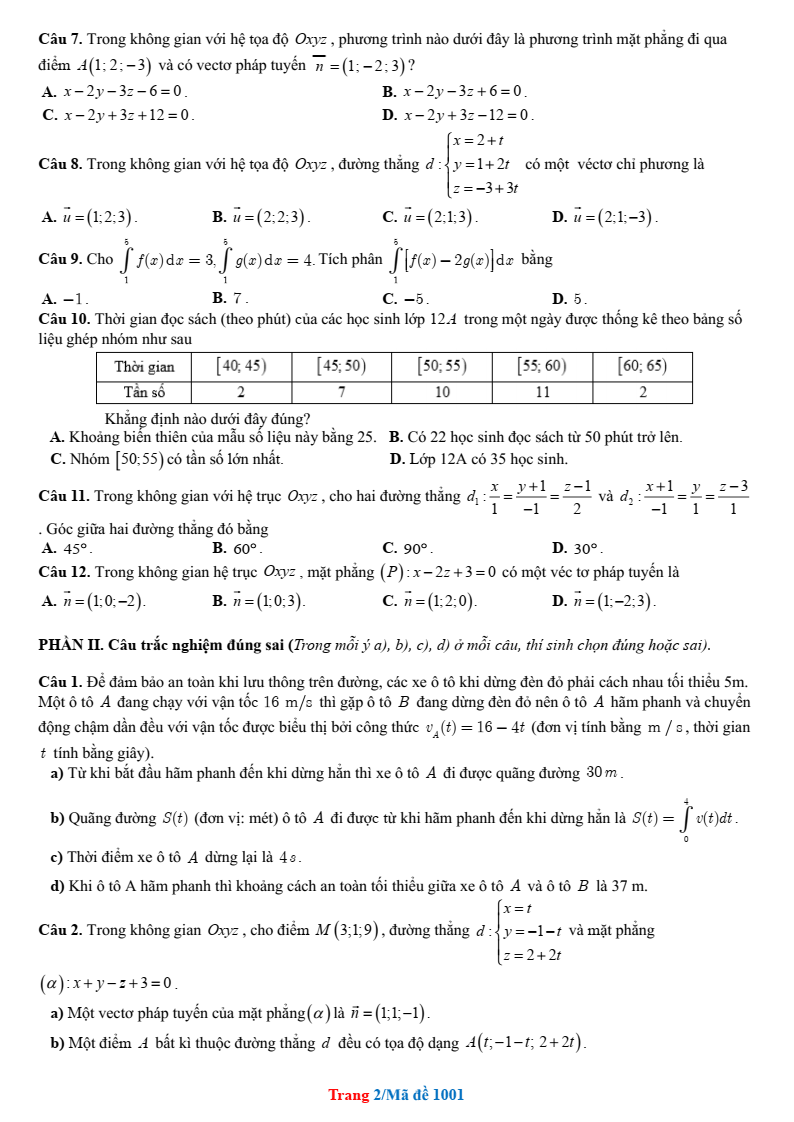 Đề thi Giữa kì 2 Toán 12 trường THPT Gia Bình Số 1 (Bắc Ninh) năm 2025-2026