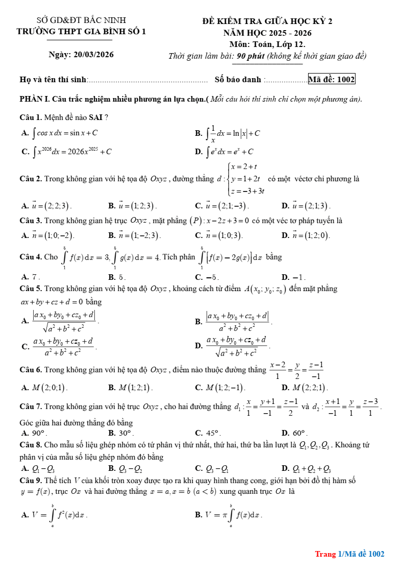 Đề thi Giữa kì 2 Toán 12 trường THPT Gia Bình Số 1 (Bắc Ninh) năm 2025-2026