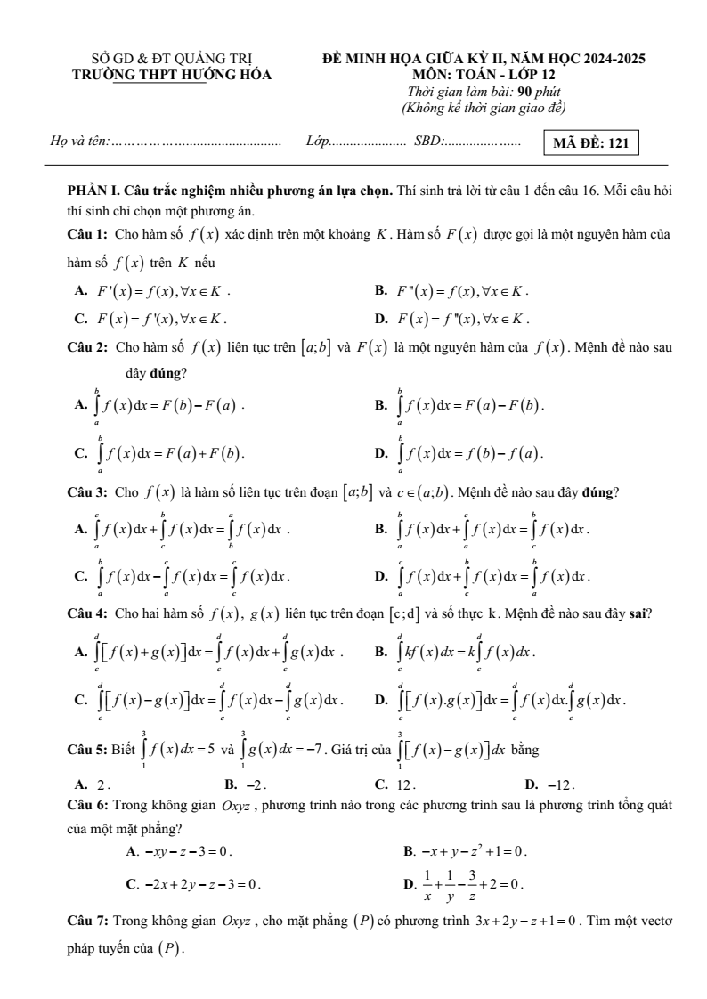 Đề thi Giữa kì 2 Toán 12 trường THPT Hướng Hóa (Quảng Trị) năm 2024-2025
