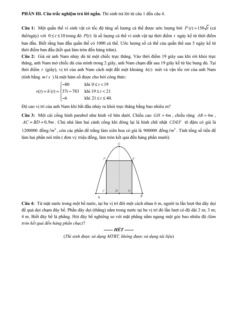 Đề thi Giữa kì 2 Toán 12 trường THPT Hướng Hóa (Quảng Trị) năm 2024-2025