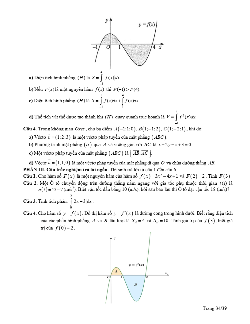 Đề thi Giữa kì 2 Toán 12 trường THPT Lê Lợi (Kon Tum) năm 2024-2025
