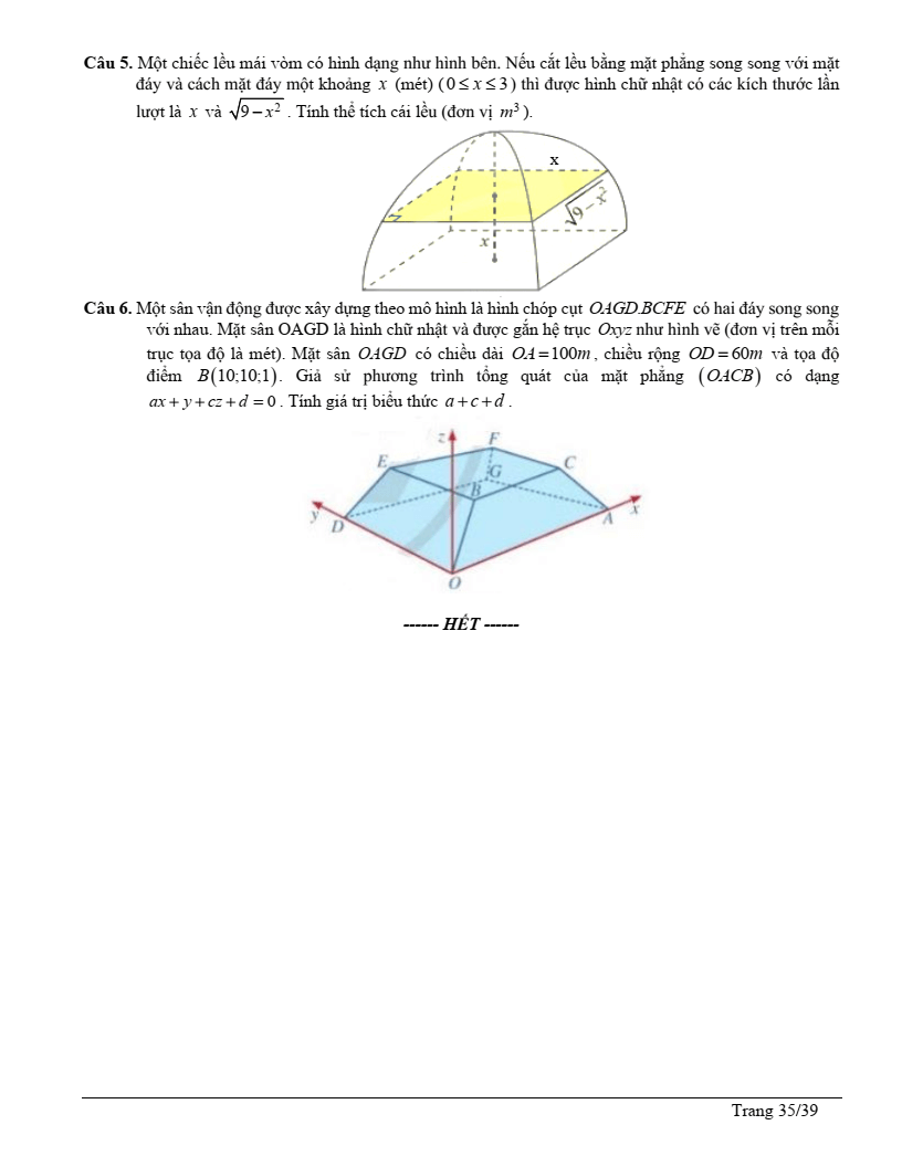 Đề thi Giữa kì 2 Toán 12 trường THPT Lê Lợi (Kon Tum) năm 2024-2025