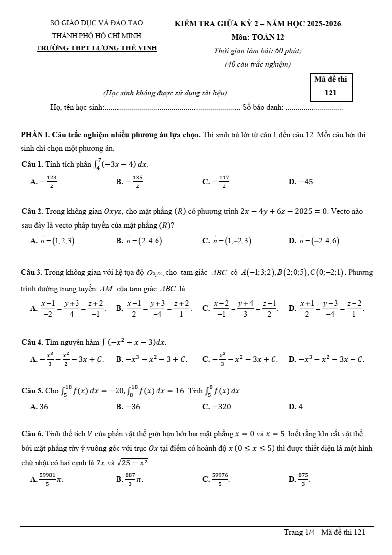 Đề thi Giữa kì 2 Toán 12 trường THPT Lương Thế Vinh (TP HCM) năm 2025-2026