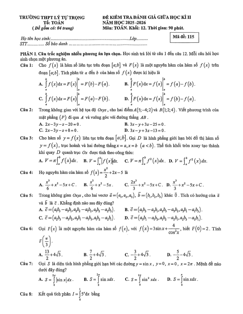 Đề thi Giữa kì 2 Toán 12 trường THPT Lý Tự Trọng (Khánh Hòa) năm 2025-2026