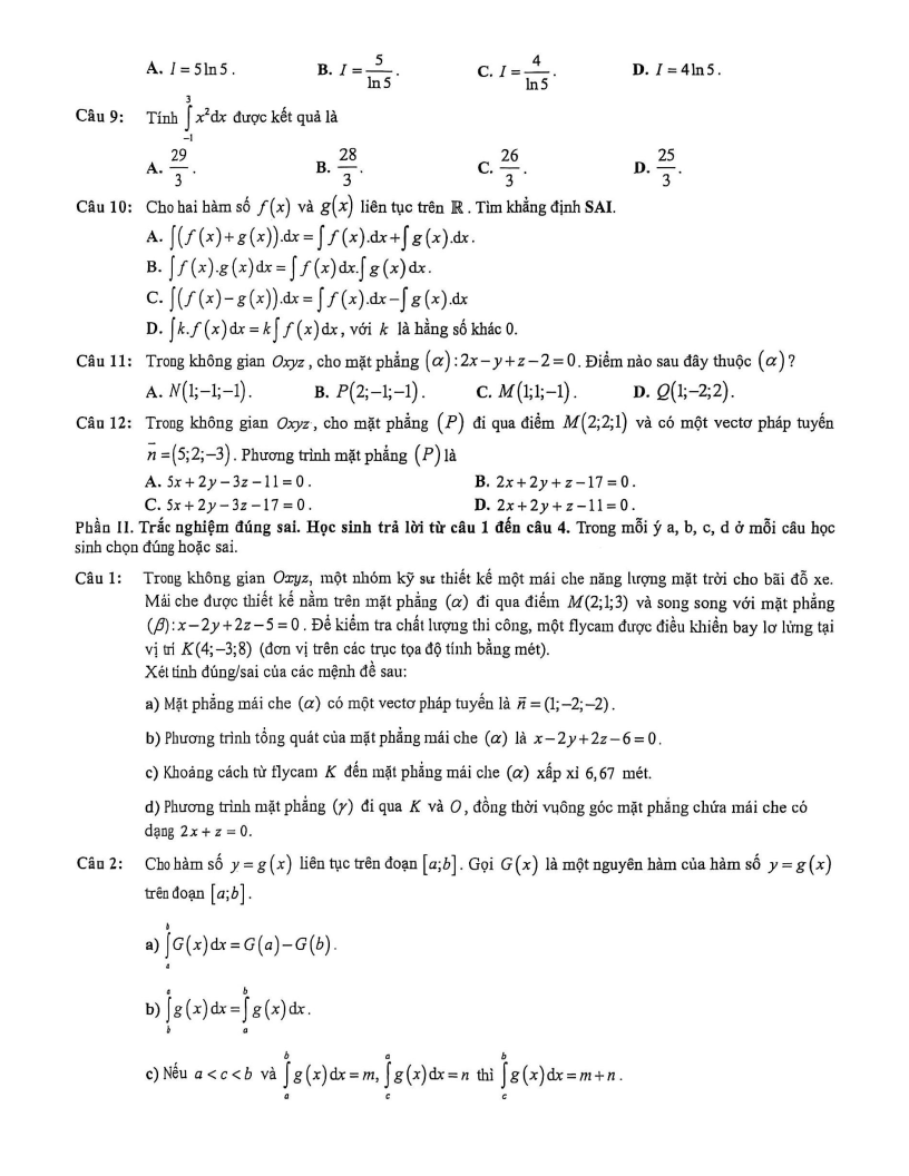 Đề thi Giữa kì 2 Toán 12 trường THPT Lý Tự Trọng (Khánh Hòa) năm 2025-2026