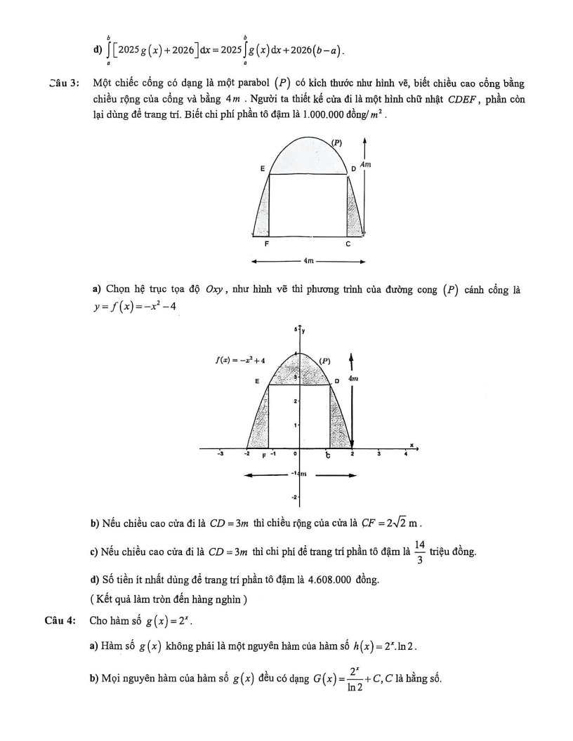 Đề thi Giữa kì 2 Toán 12 trường THPT Lý Tự Trọng (Khánh Hòa) năm 2025-2026