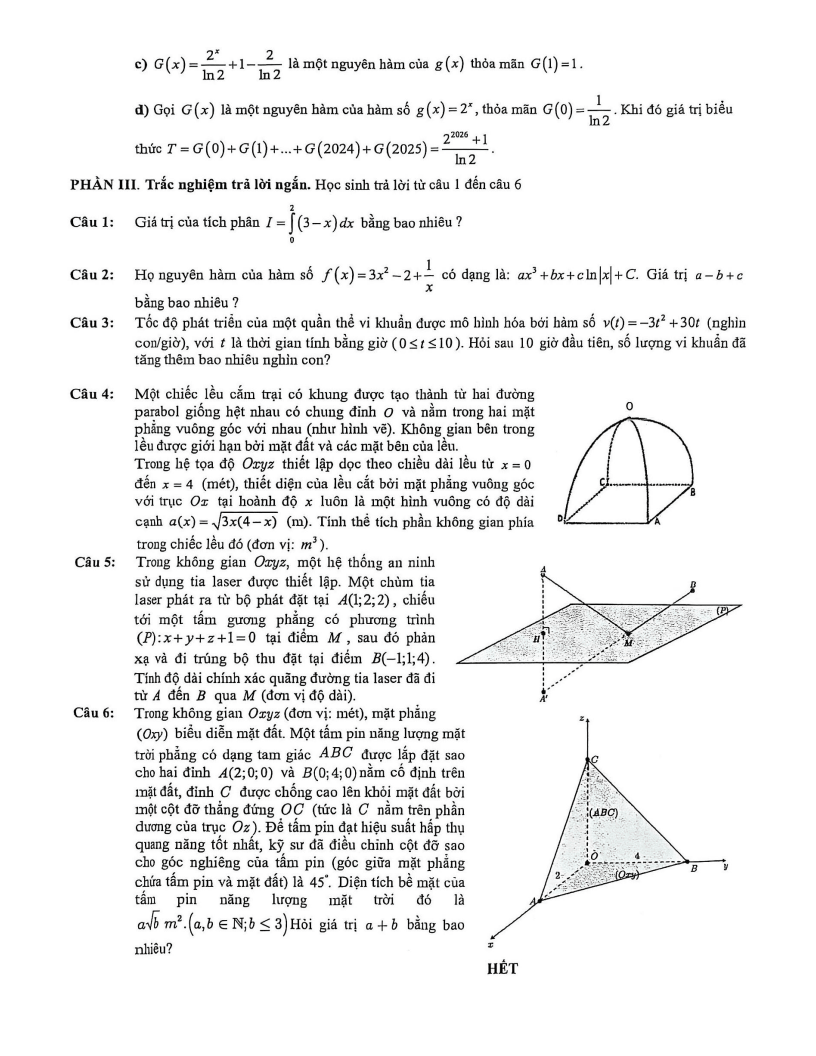Đề thi Giữa kì 2 Toán 12 trường THPT Lý Tự Trọng (Khánh Hòa) năm 2025-2026