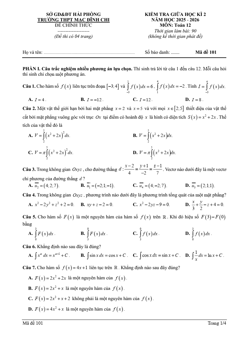 Đề thi Giữa kì 2 Toán 12 trường THPT Mạc Đĩnh Chi (Hải Phòng) năm 2025-2026