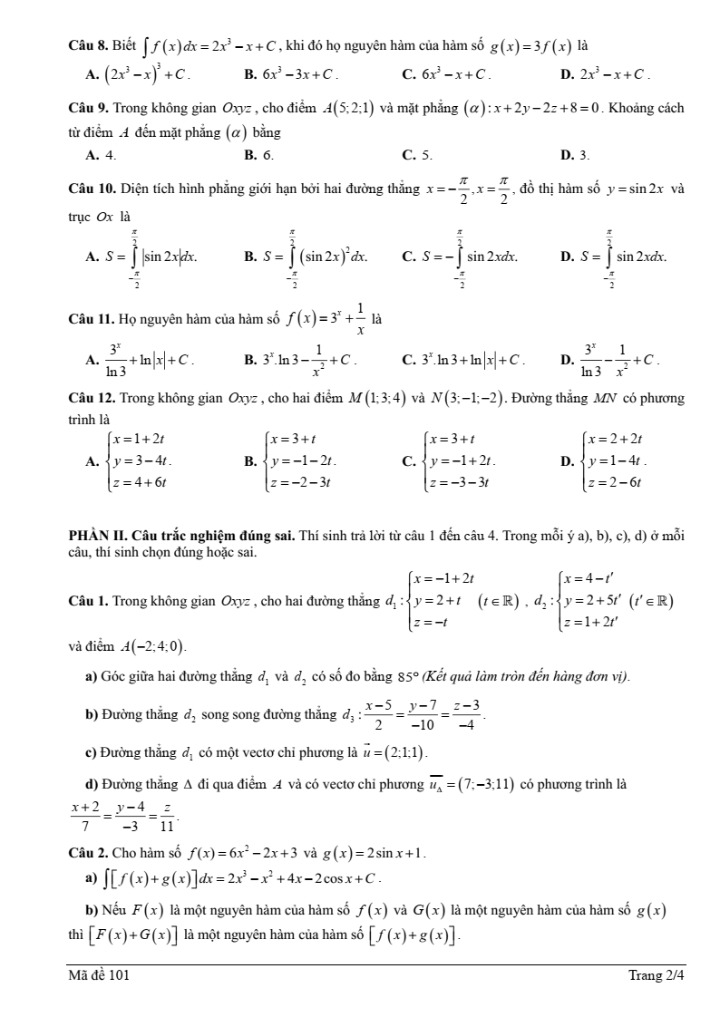 Đề thi Giữa kì 2 Toán 12 trường THPT Mạc Đĩnh Chi (Hải Phòng) năm 2025-2026