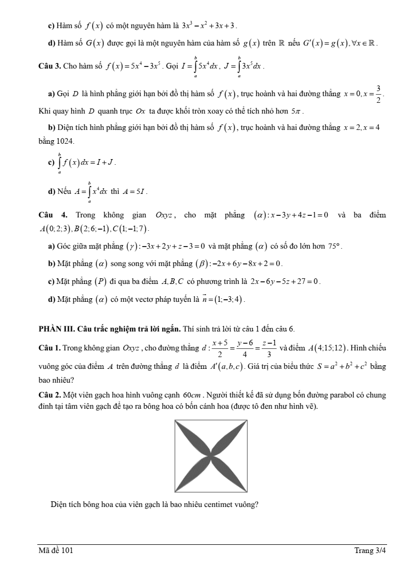 Đề thi Giữa kì 2 Toán 12 trường THPT Mạc Đĩnh Chi (Hải Phòng) năm 2025-2026