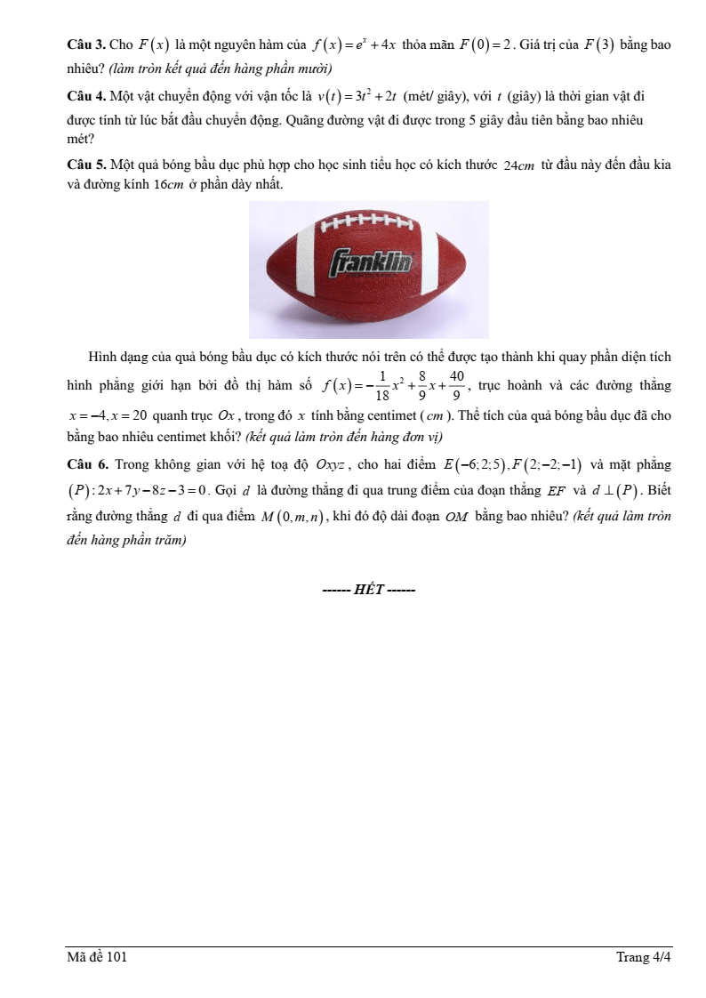 Đề thi Giữa kì 2 Toán 12 trường THPT Mạc Đĩnh Chi (Hải Phòng) năm 2025-2026