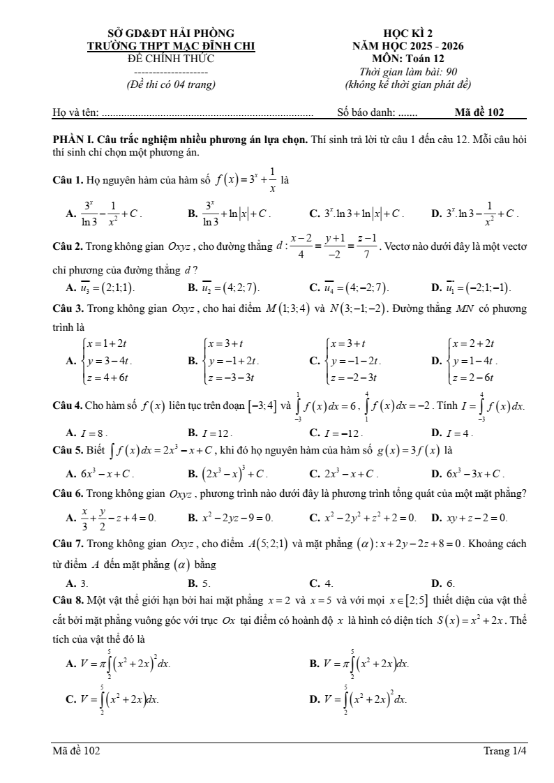 Đề thi Giữa kì 2 Toán 12 trường THPT Mạc Đĩnh Chi (Hải Phòng) năm 2025-2026