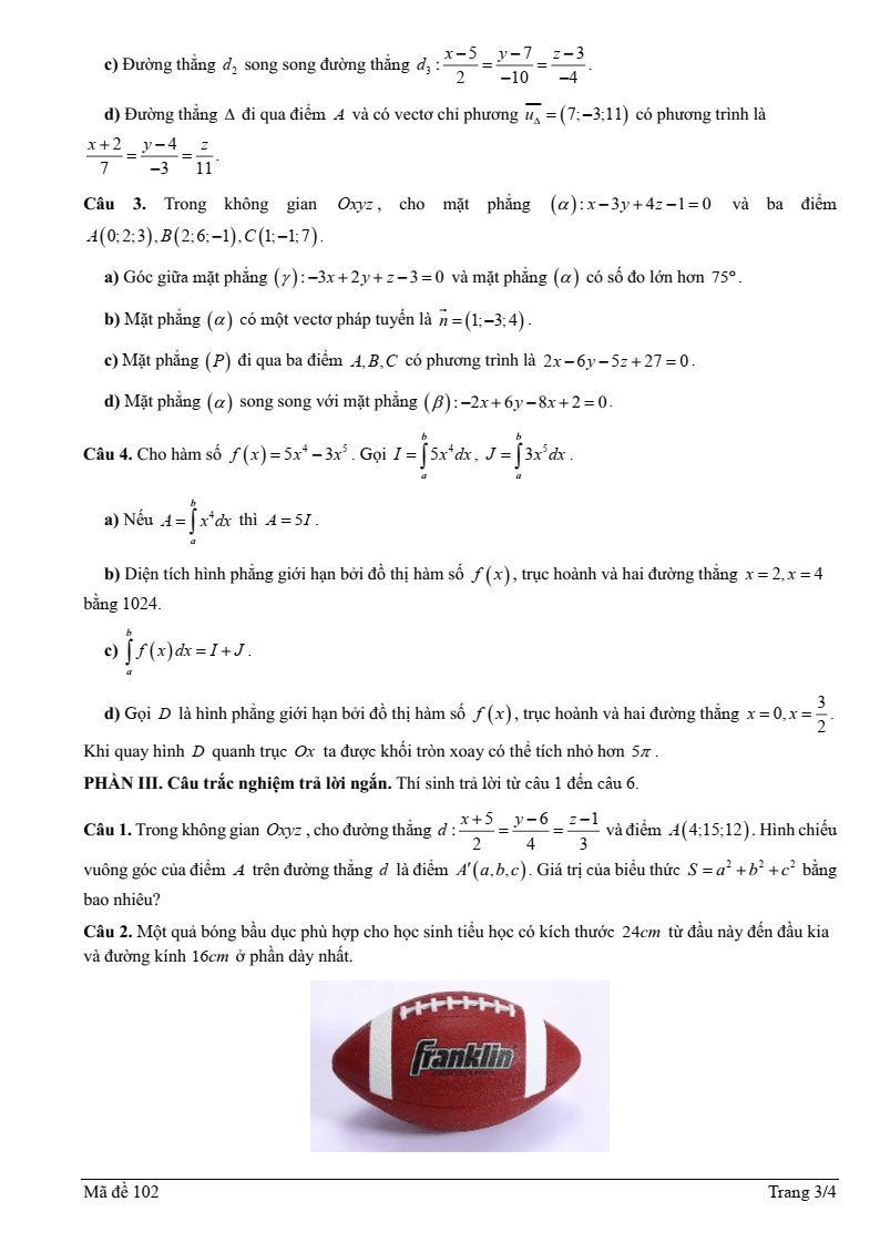 Đề thi Giữa kì 2 Toán 12 trường THPT Mạc Đĩnh Chi (Hải Phòng) năm 2025-2026