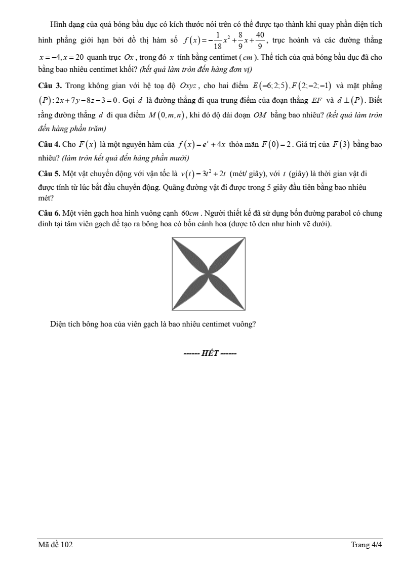 Đề thi Giữa kì 2 Toán 12 trường THPT Mạc Đĩnh Chi (Hải Phòng) năm 2025-2026