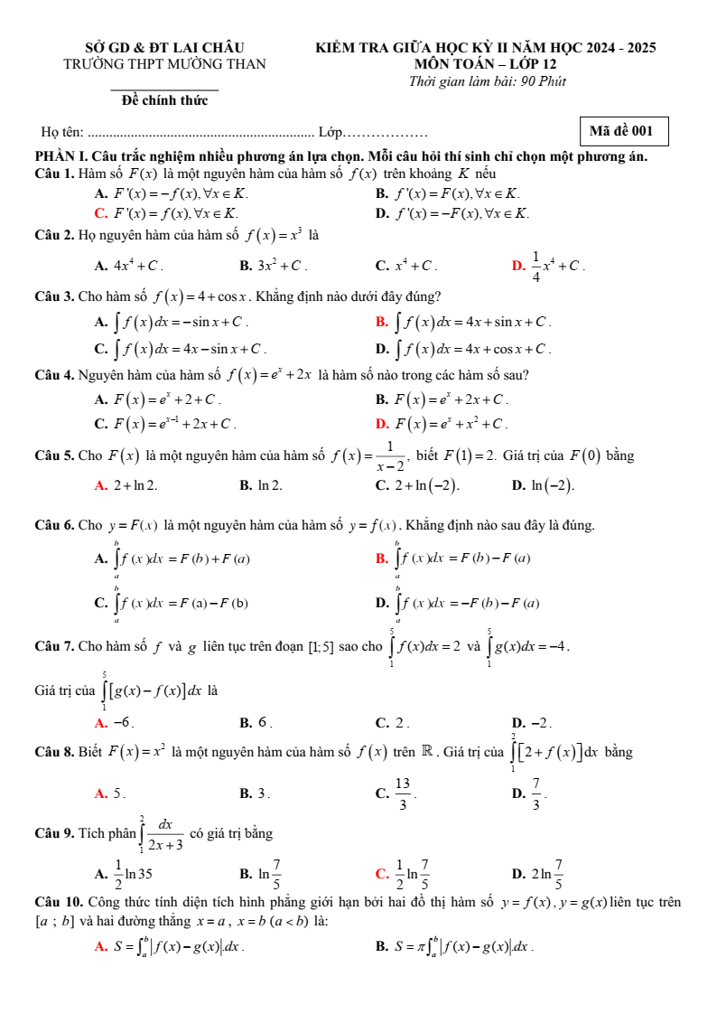 Đề thi Giữa kì 2 Toán 12 trường THPT Mường Than (Lai Châu) năm 2024-2025