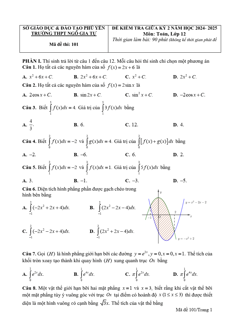 Đề thi Giữa kì 2 Toán 12 trường THPT Ngô Gia Tự (Phú Yên) năm 2024-2025