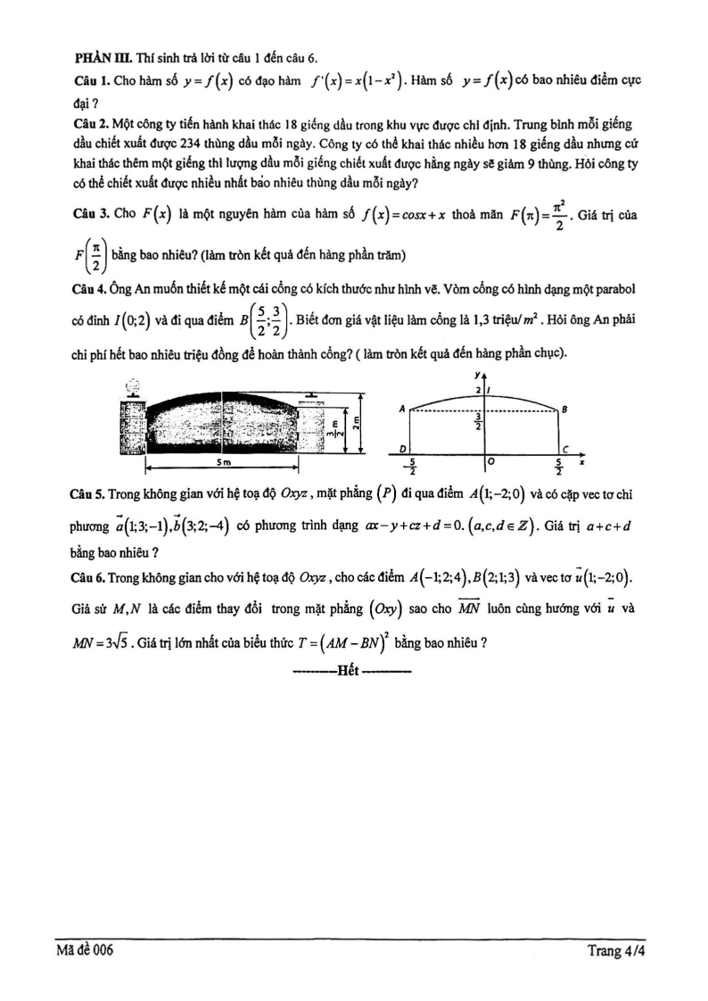 Đề thi Giữa kì 2 Toán 12 trường THPT Ngô Quyền (Nam Định) năm 2024-2025