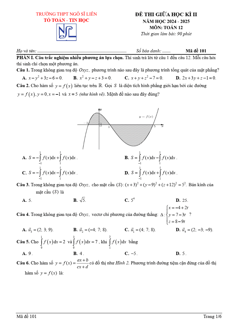 Đề thi Giữa kì 2 Toán 12 trường THPT Ngô Sĩ Liên (Bắc Giang) năm 2024-2025