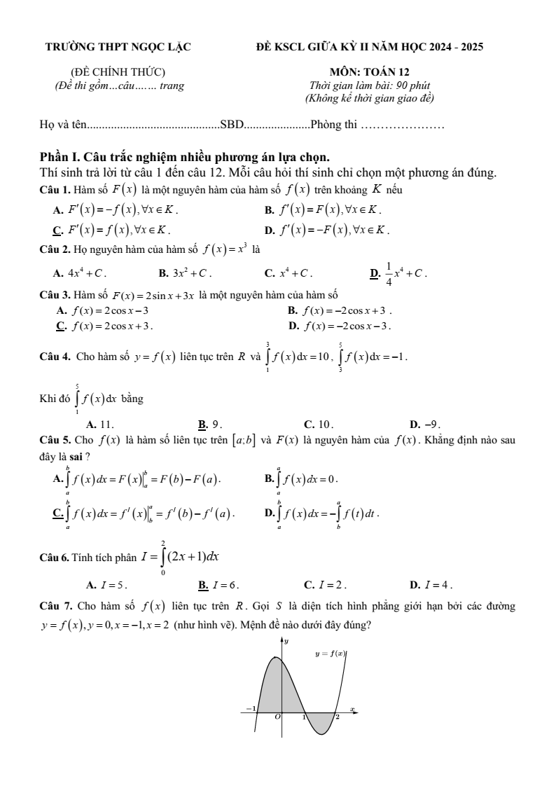 Đề thi Giữa kì 2 Toán 12 trường THPT Ngọc Lặc (Thanh Hóa) năm 2024-2025