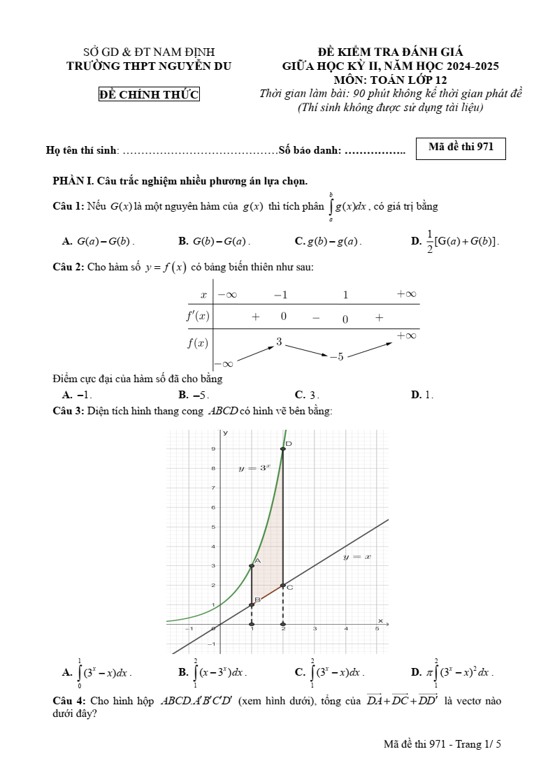 Đề thi Giữa kì 2 Toán 12 trường THPT Nguyễn Du (Nam Định) năm 2024-2025