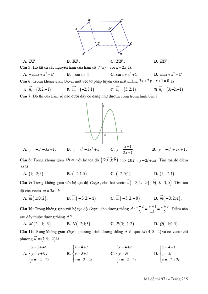 Đề thi Giữa kì 2 Toán 12 trường THPT Nguyễn Du (Nam Định) năm 2024-2025