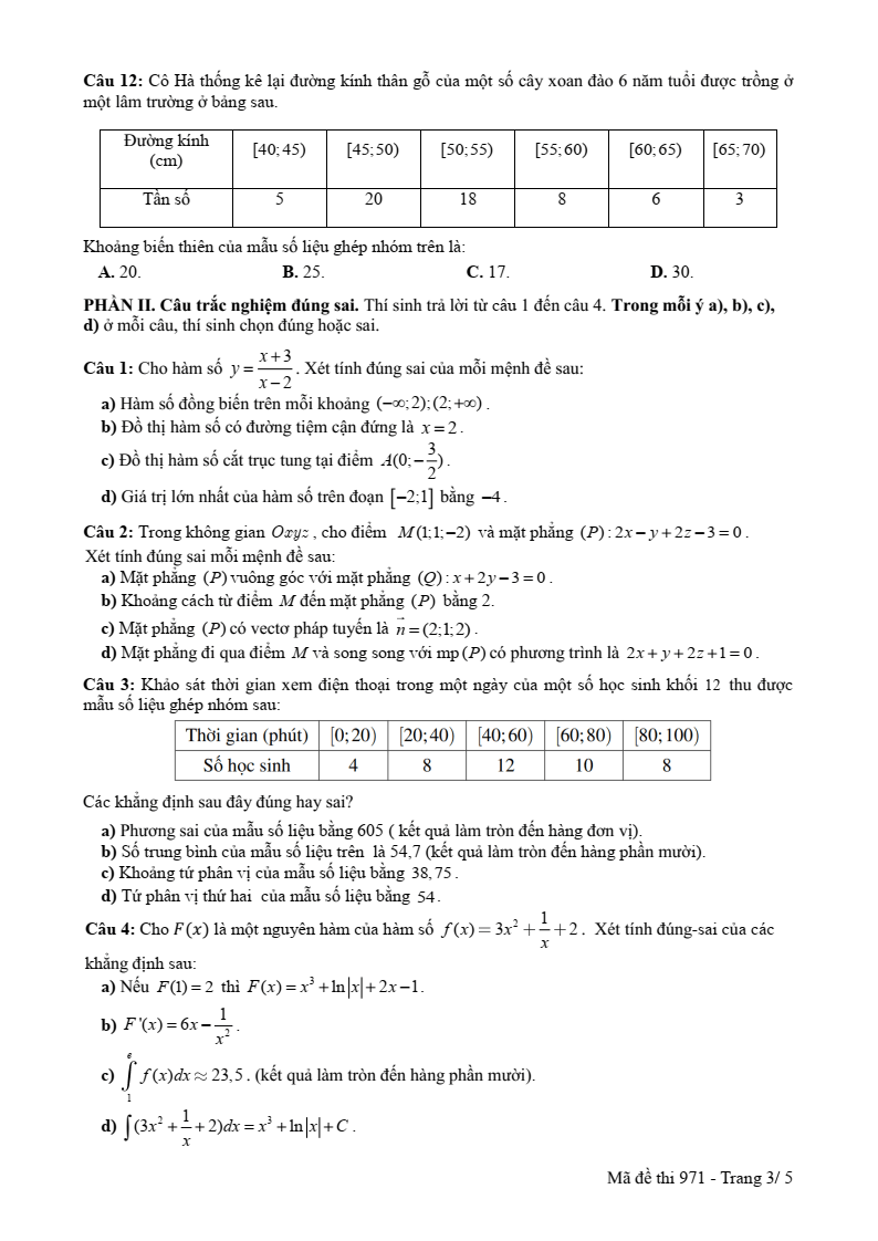 Đề thi Giữa kì 2 Toán 12 trường THPT Nguyễn Du (Nam Định) năm 2024-2025